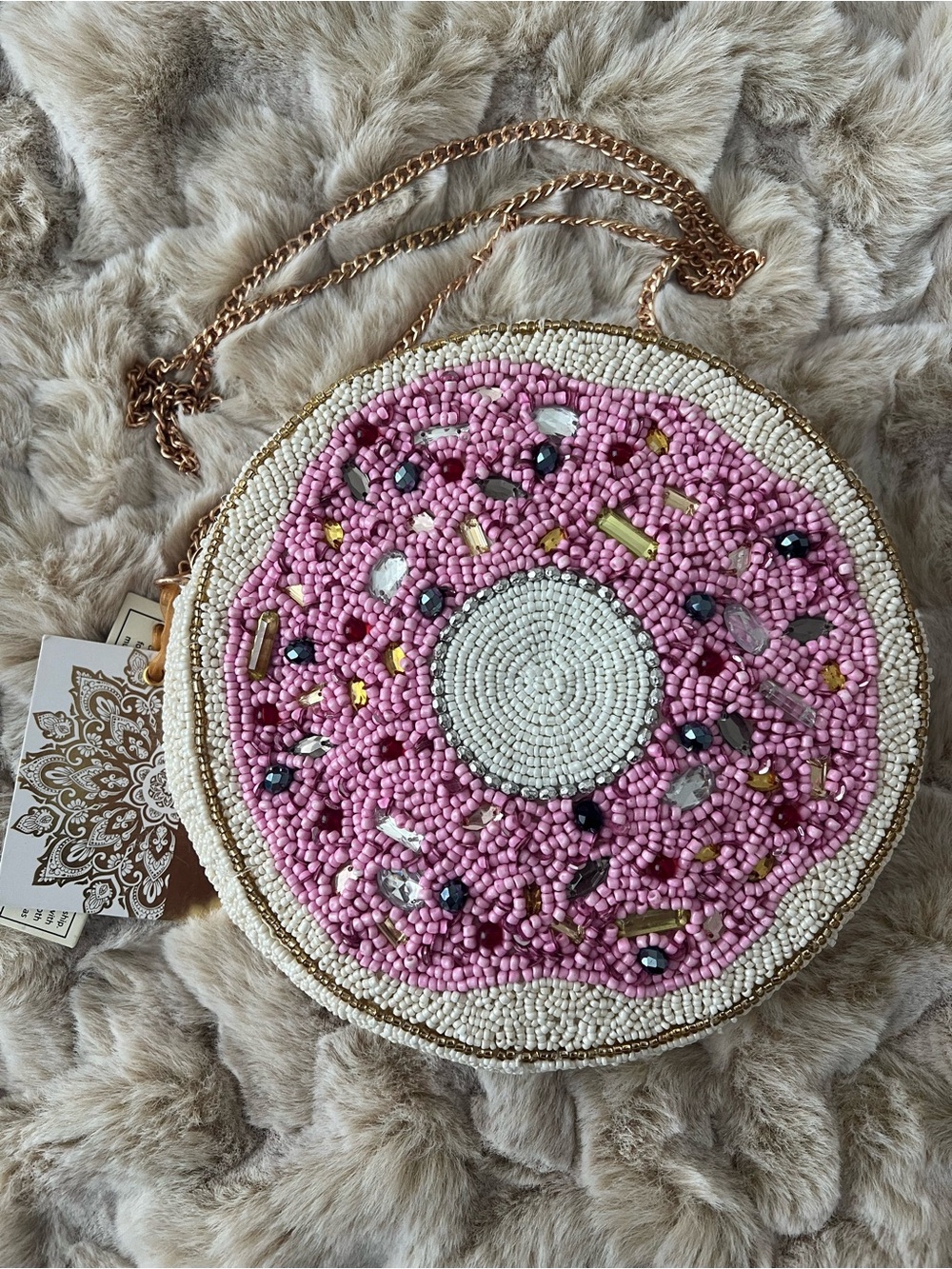 NWT Hand-Beaded Pink Donut Crossbody Bag with Gold Chain